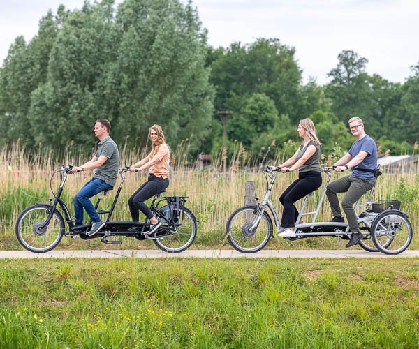 Quatre personnes roulant sur des vélos électriques le long d'un sentier, entourées de verdure.