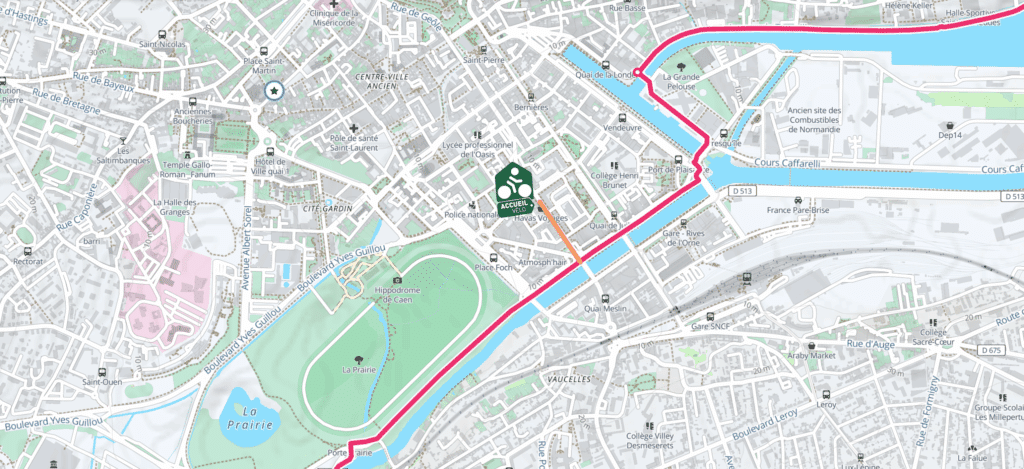 Carte de la ville avec des chemins cyclables et l'emplacement du vendeur de vélos Roulez JEUnesse Loisirs.