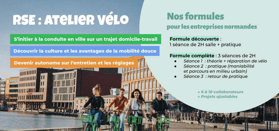 Atelier vélo pour entreprises : initiation à la conduite, entretien et mobilité douce. Contact : Roulez Jeunesse Loisirs.