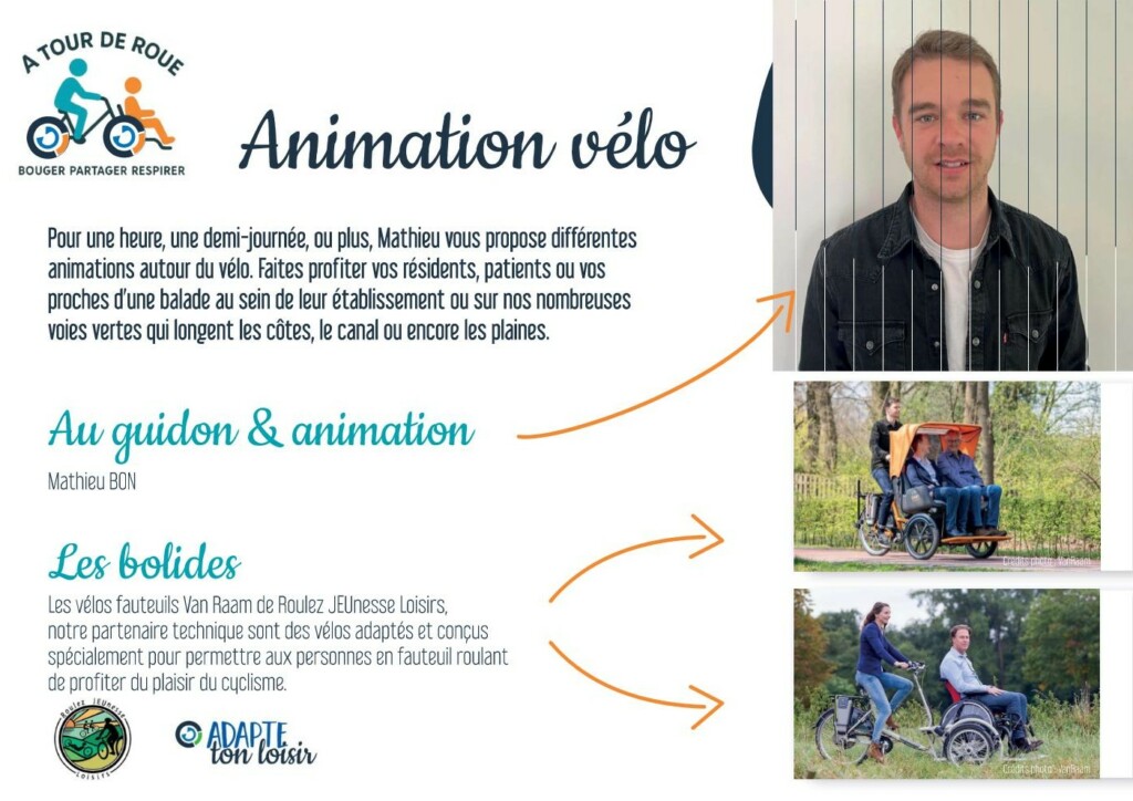 Animation autour du vélo avec Mathieu Bon, proposant des balades et animations pour tous les publics, y compris en fauteuil roulant.