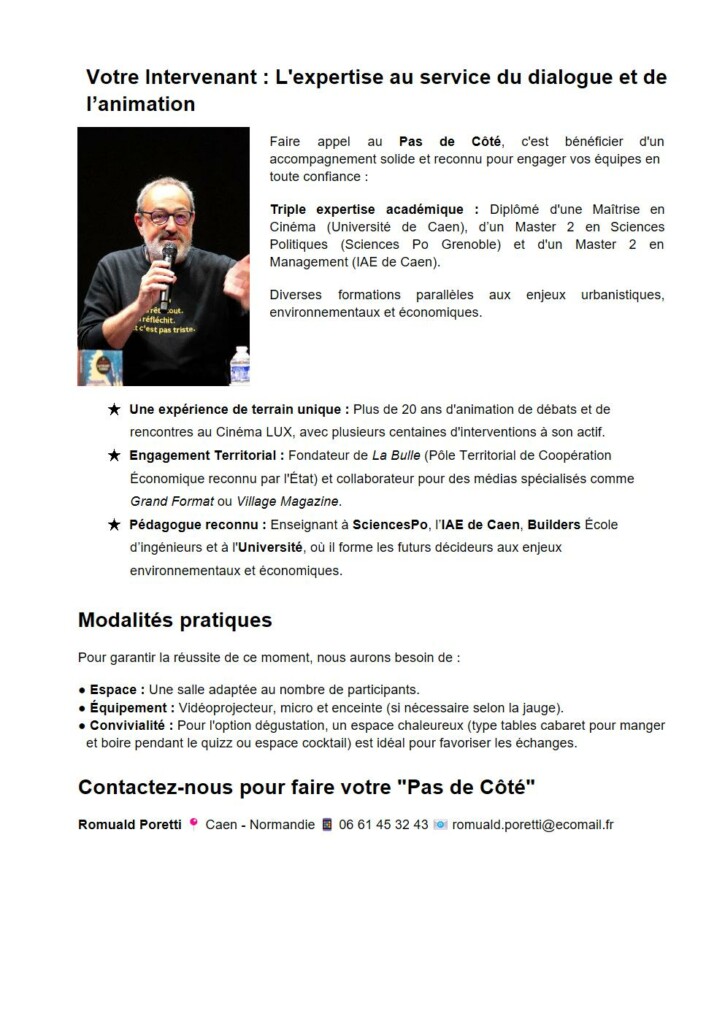 Un intervenant présente son expertise en animation et coopération économique lors d'un événement.