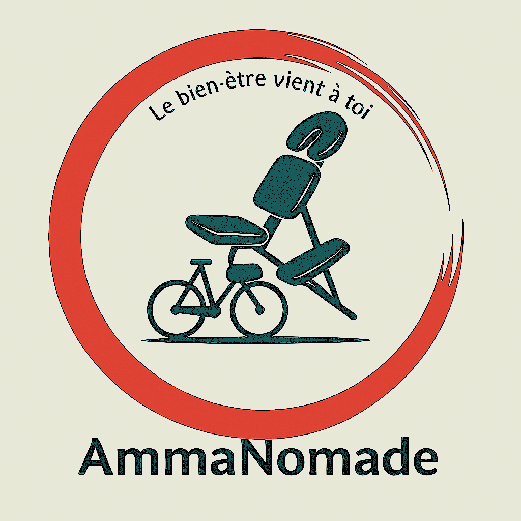 Logo d'AmmaNomade avec un vélo et une chaise ergonomique, promouvant le bien-être en mobilité.