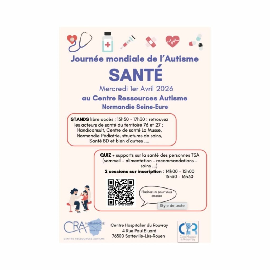 Affiche pour la Journée mondiale de l'Autisme, présentant des stands de santé et des ateliers au Centre Ressources Autisme.