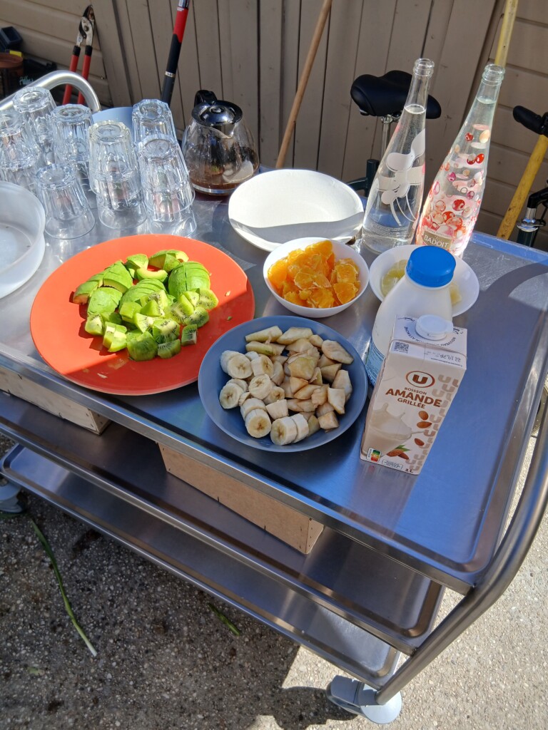 Plateau avec fruits découpés, boissons et verres, prêt pour une pause rafraîchissante après une activité de loisirs.