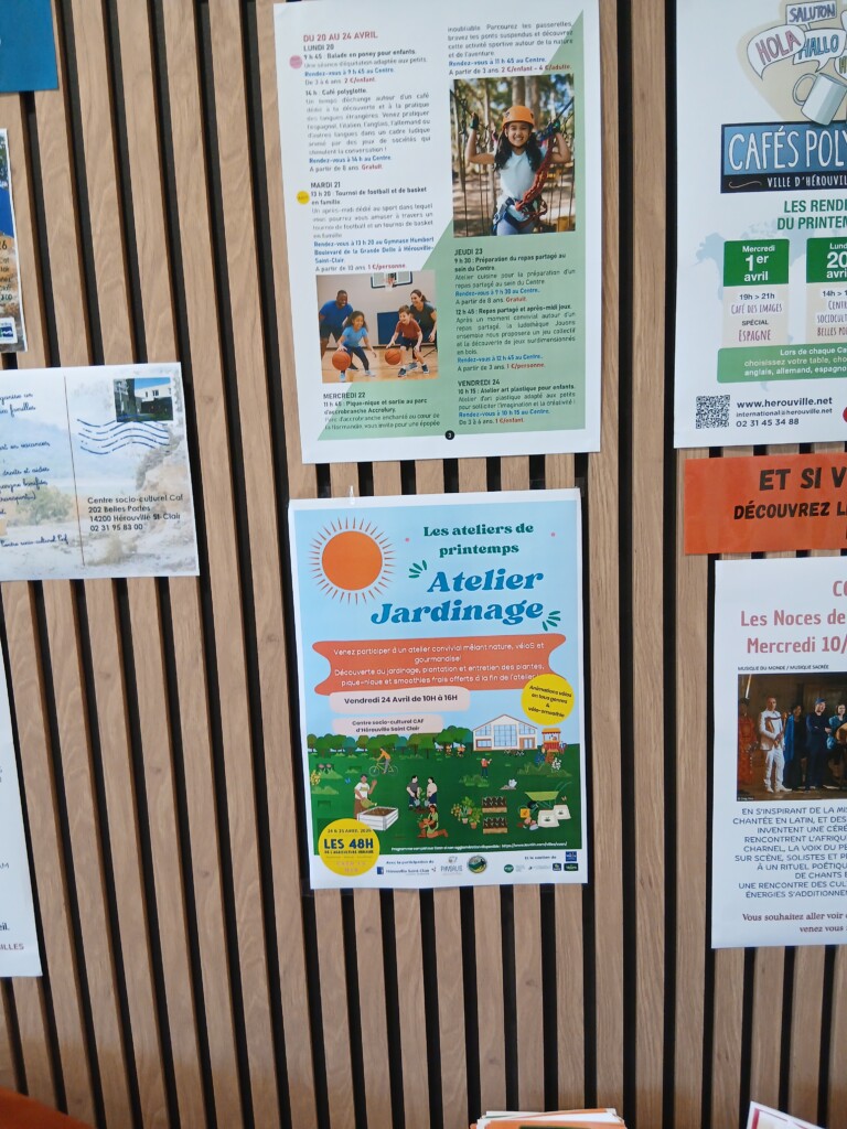 Affiche d'ateliers de jardinage à l'affiche, présentant des activités conviviales pour la nature et l'environnement.