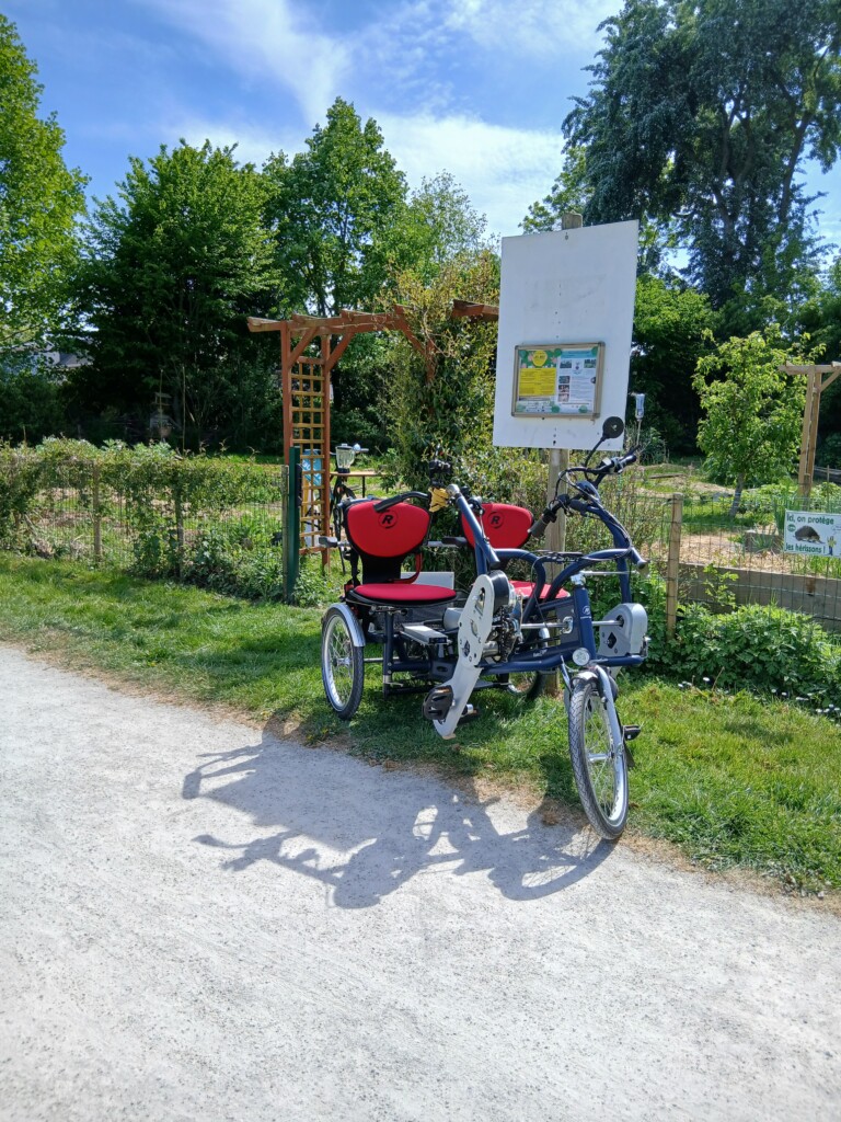 Vélo adapté pour personnes à mobilité réduite, stationné dans un jardin.