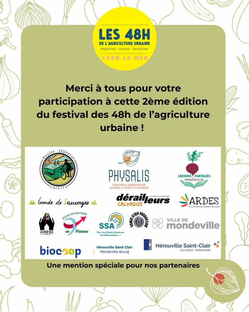 Logos des partenaires du festival "48h de l'agriculture urbaine" à Caen, incluant Roulez JEUnesse Loisirs.