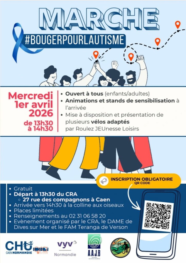 Affiche d'un événement de marche pour sensibiliser à l'autisme, avec présentation de vélos adaptés par Roulez JEUnesse Loisirs.