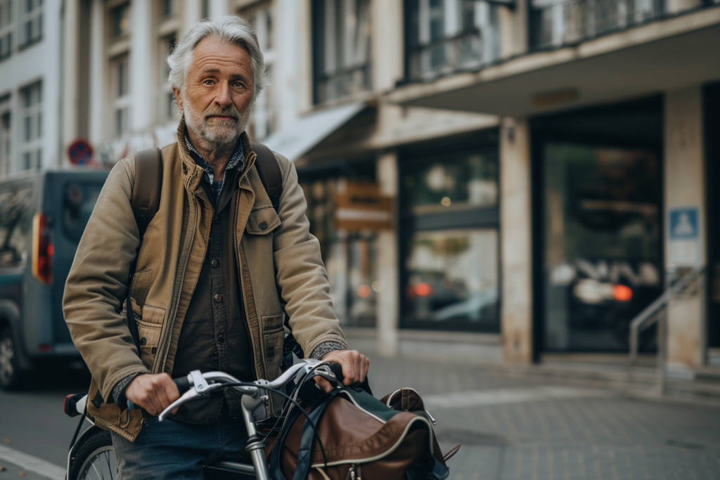 Homme mûr avec une barbe grise, tenant un vélo, dans un environnement urbain. Ideal pour explorer les options de vélos.