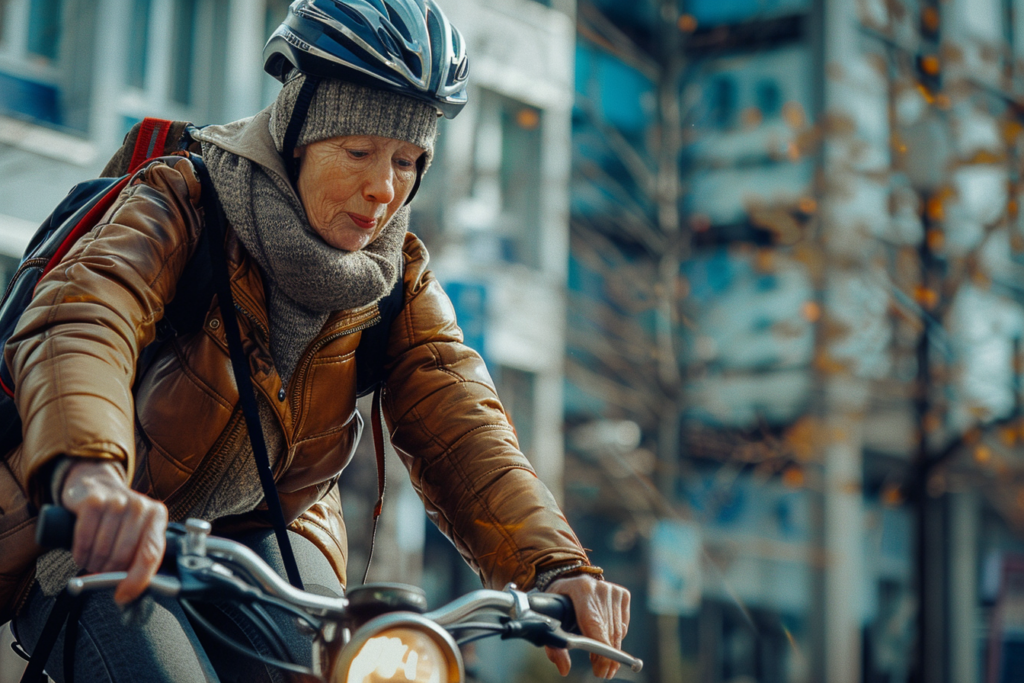 Femme âgée à vélo dans un environnement urbain, portant un casque et un vêtement chaud.
