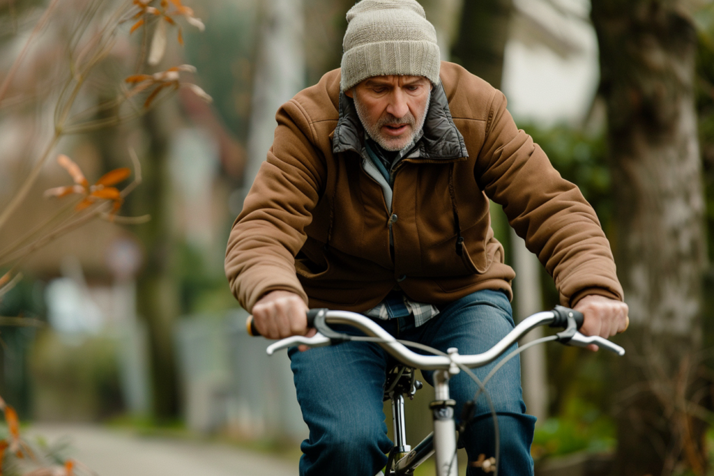 Homme à vélo en extérieur, vêtu d'un manteau et d'un bonnet, circulant sur un chemin bordé d'arbres.