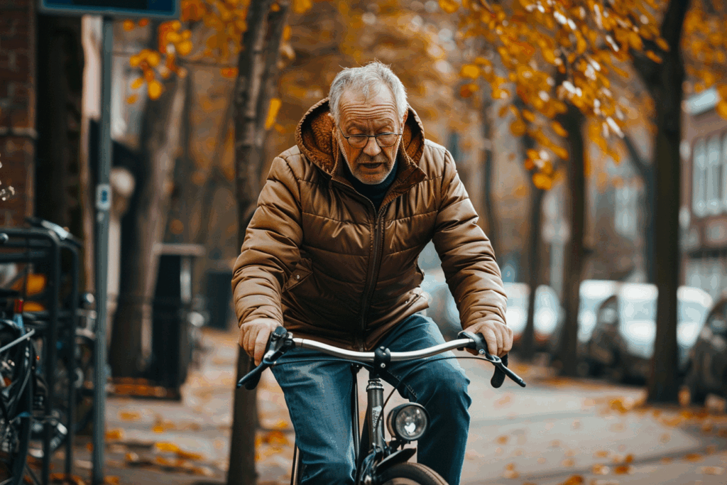 Homme âgé à vélo dans une rue automnale, portant une veste marron, entouré de feuilles mortes.