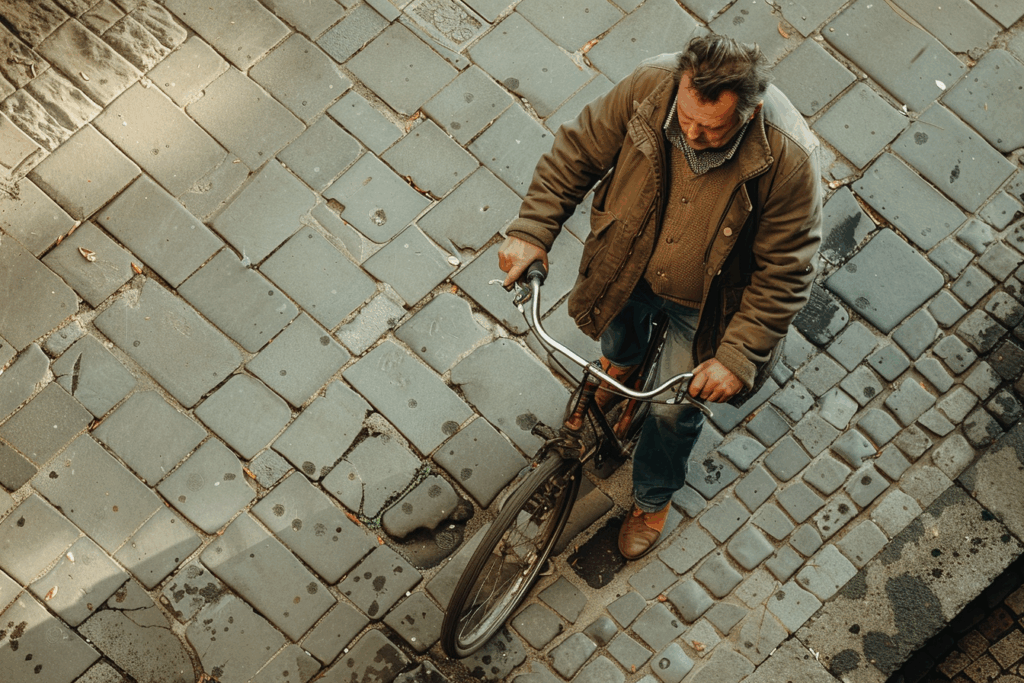 Homme avec un vélo sur un pavé, représentant les options de vélos disponibles chez Roulez JEUnesse Loisirs.