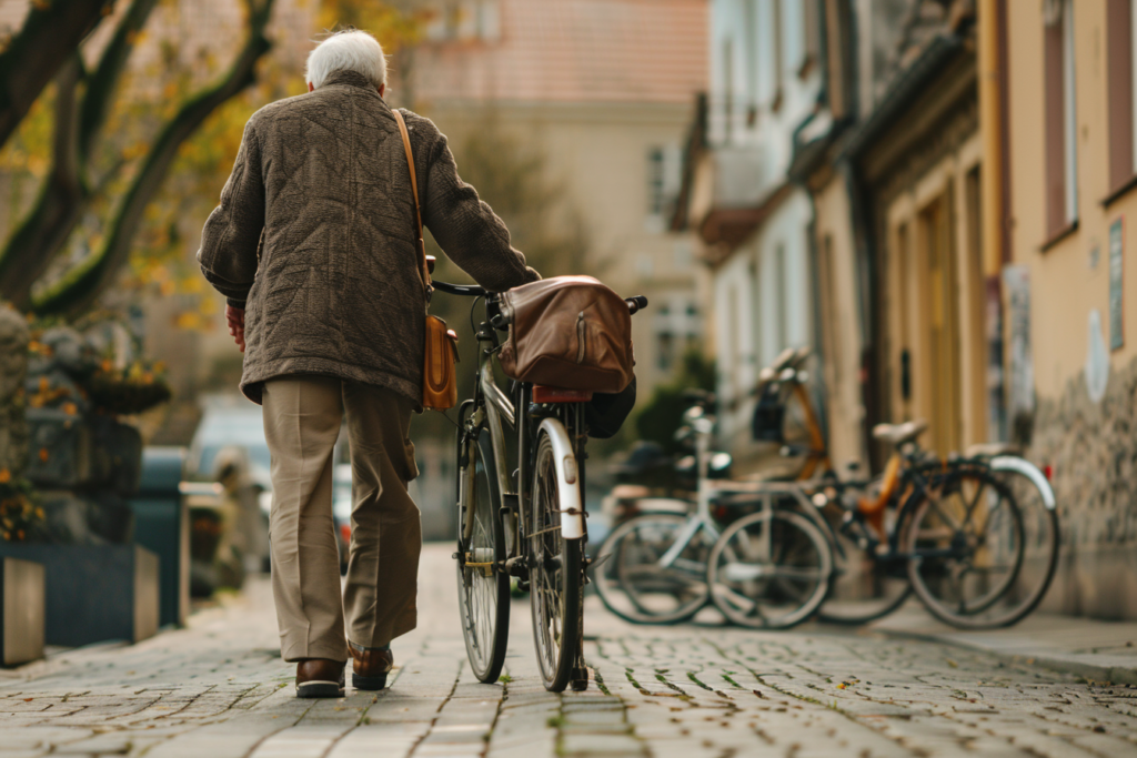 Un homme âgé marche avec un vélo sur une rue pavée, entouré d'autres bicyclettes.