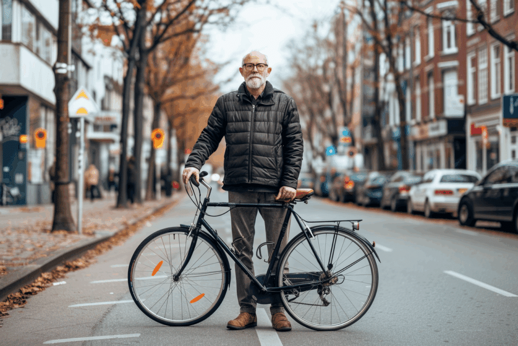 Homme âgé tenant un vélo noir sur une rue bordée d'arbres et de voitures.