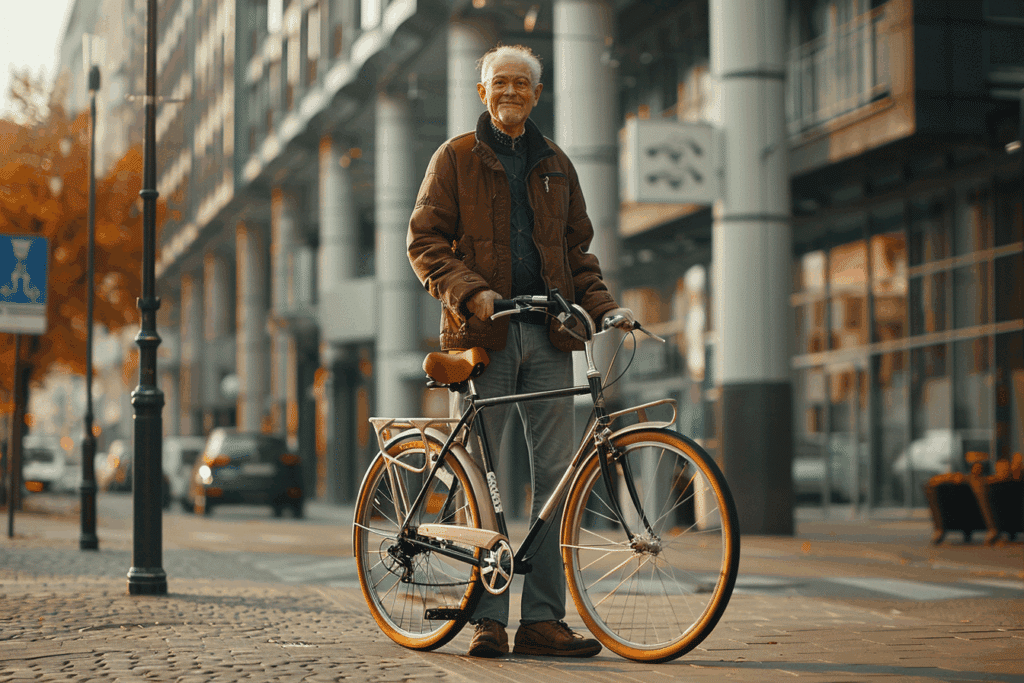 Homme âgé souriant avec un vélo devant un cadre urbain, représentant une sélection de vélos adaptés et de loisirs.