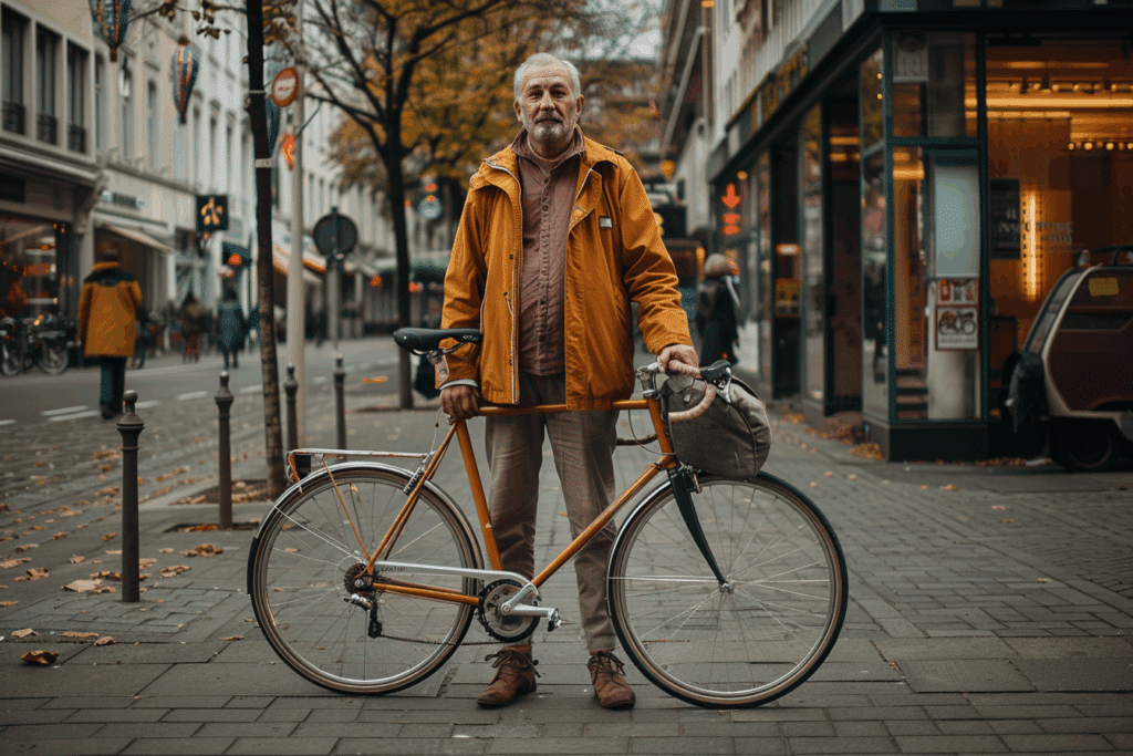 Homme âgé en manteau orange tenant un vélo de ville sur un trottoir urbain.
