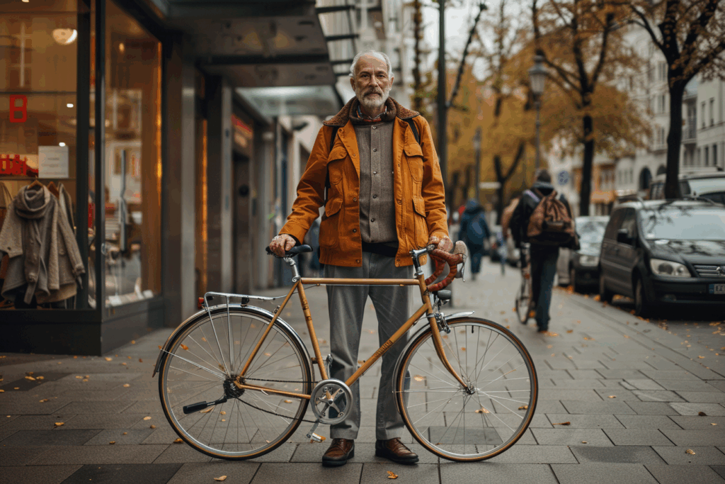 Un homme âgé tient un vélo en métal doré sur un trottoir en automne, avec des magasins en arrière-plan.