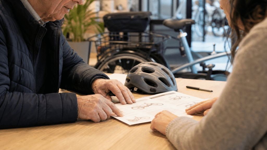 Discussion sur les options de vélos, avec des plans sur une table et un casque de vélo à proximité.