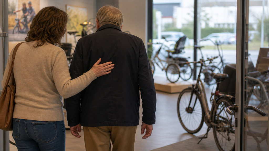 Deux personnes se dirigent vers des vélos dans un magasin spécialisé, avec une offre variée de vélos adaptés à tous.