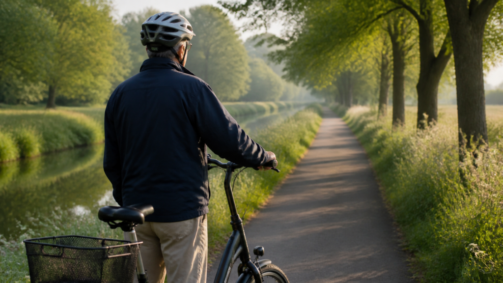 Homme avec un vélo sur un chemin bordé d'arbres, parfait pour découvrir la gamme de vélos de Roulez JEUnesse Loisirs.