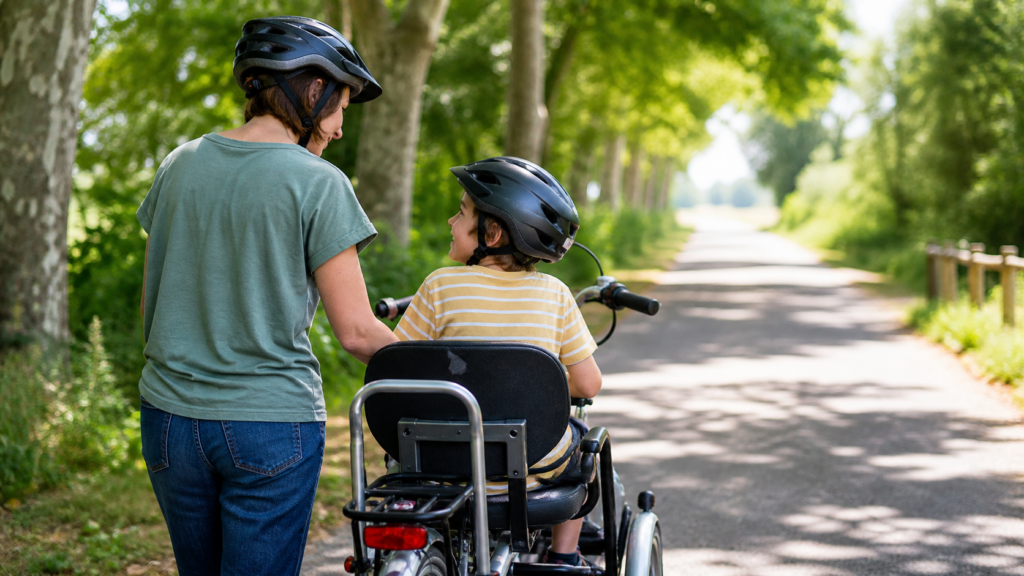 Une mère aide son enfant sur un vélo adapté sur une voie verte entourée d'arbres.
