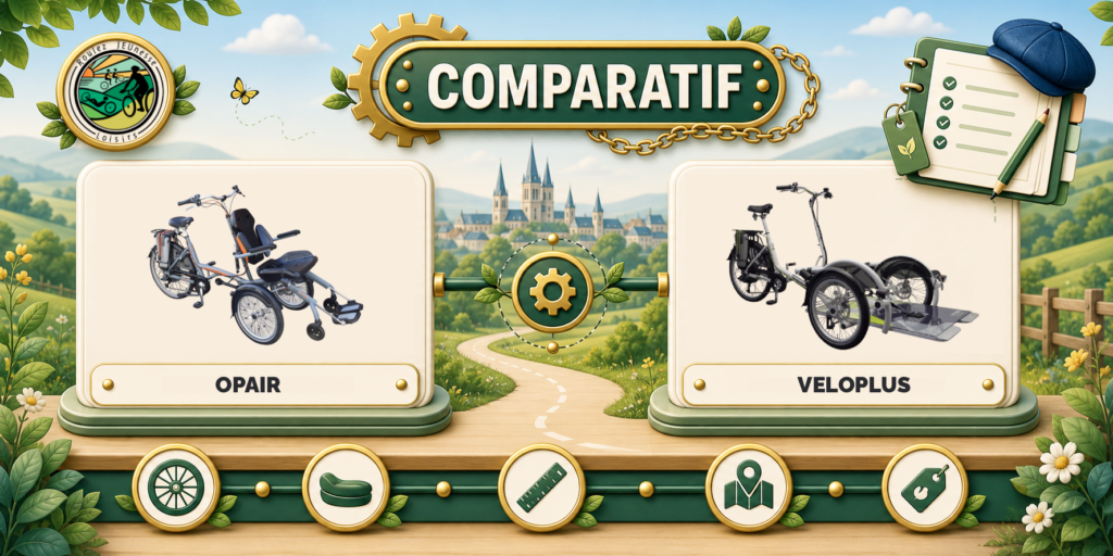 Comparaison de deux modèles de vélos adaptés, Opair et Veloplus, pour une mobilité facilitée.