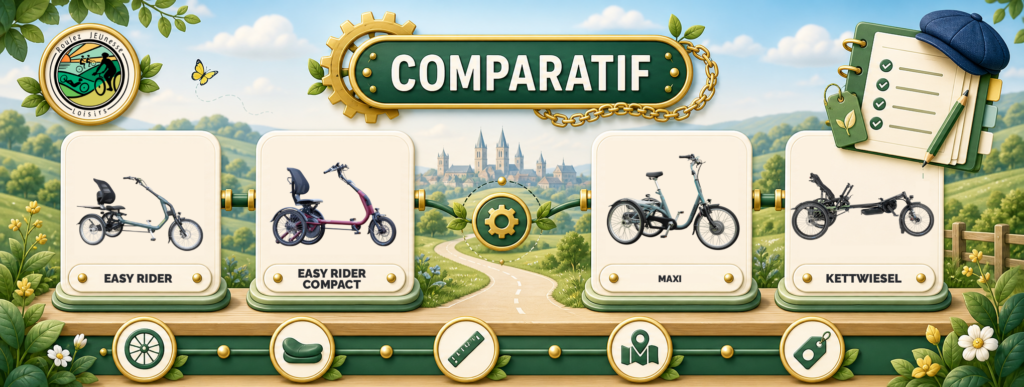 Comparatif de vélos adaptés : Easy Rider, Easy Rider Compact, Maxi et Kettwiesel pour tous les besoins.