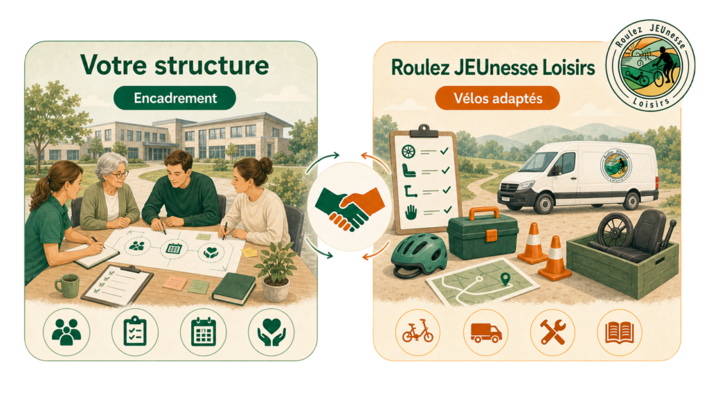 Illustration de Roulez JEUnesse Loisirs, présentant des vélos adaptés et des services d'encadrement.